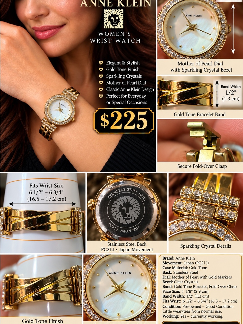 Anne Klein Gold Tone Watch with Mother of Pearl and Crystal Accents